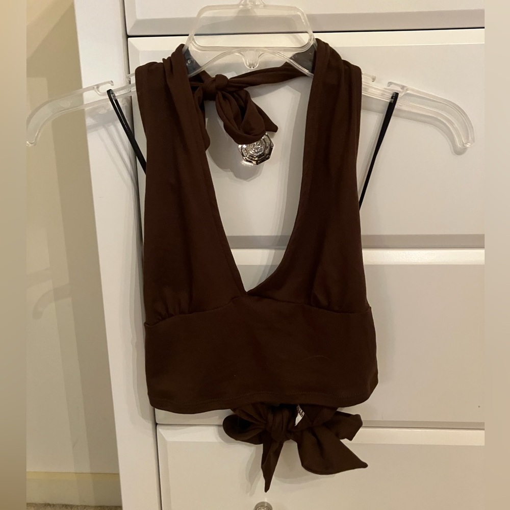 Brown Tie-Back Halter Crop Top